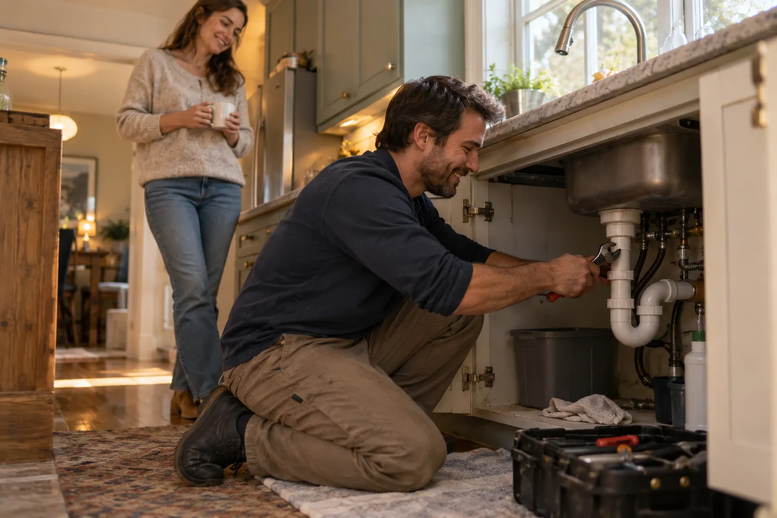Local plumbing provider checking a kitchen drain pipe in the Afton area